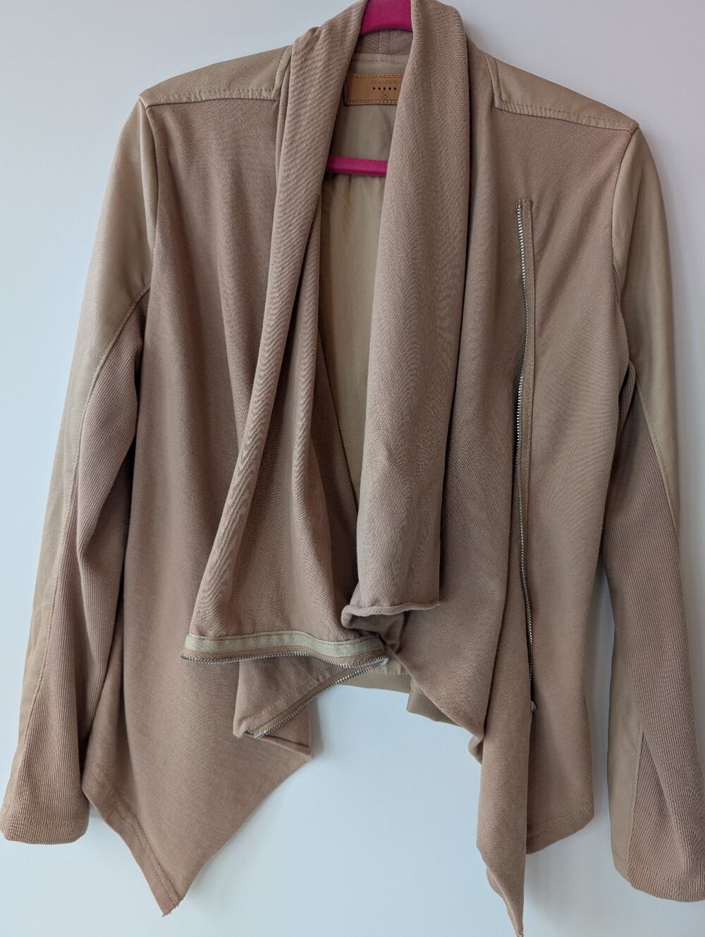 BLANKNYC Drape Front Faux Leather & Knit Moto Jacket | Beige / Nude | Size M